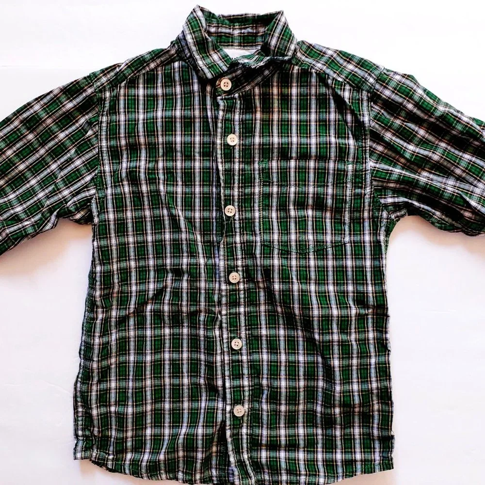 Oshkosh Boys Shirt Button Down Green Navy Plaid Long Sleeve Size 6 Holiday